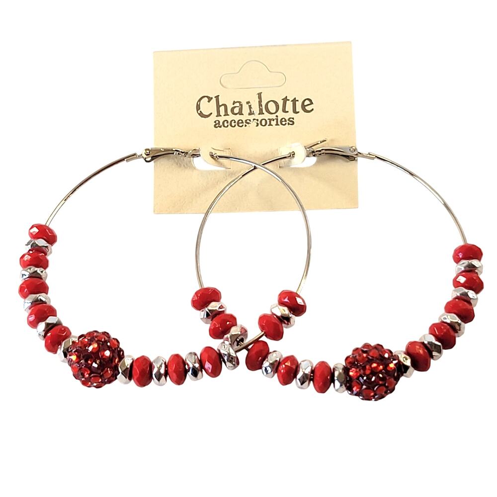 Large Red Beaded Hoop Earrings 3" Silver Tone Rhinestone Accent Pierced Holiday